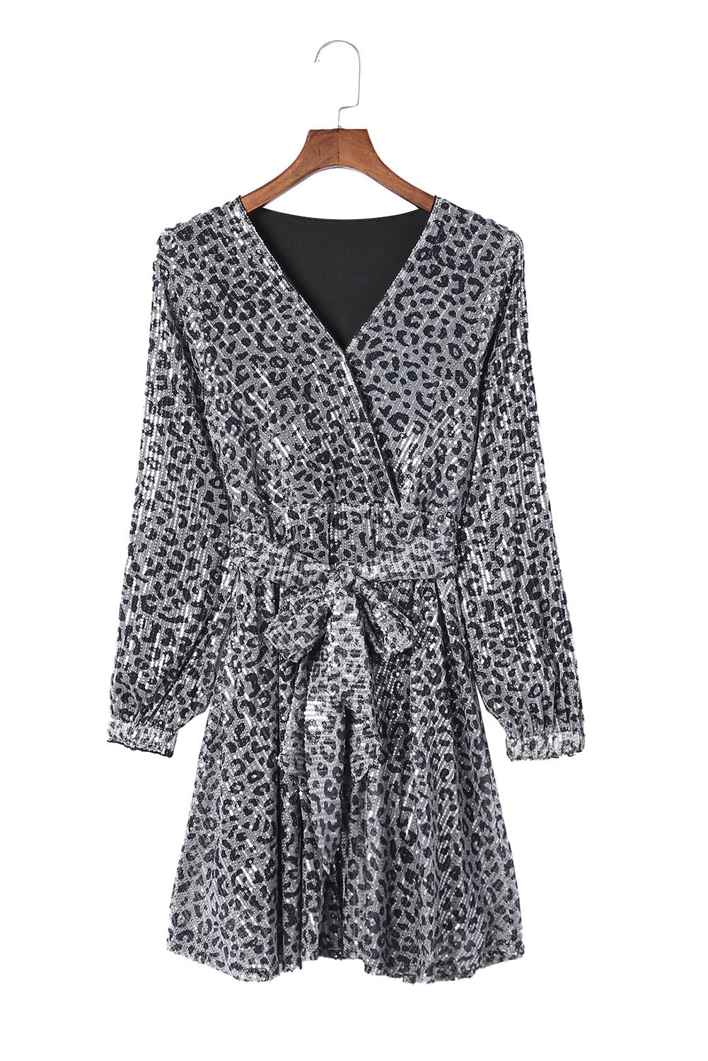 Gray Leopard Sequins V Neck Wrap Dress with Tie - EBEPEX