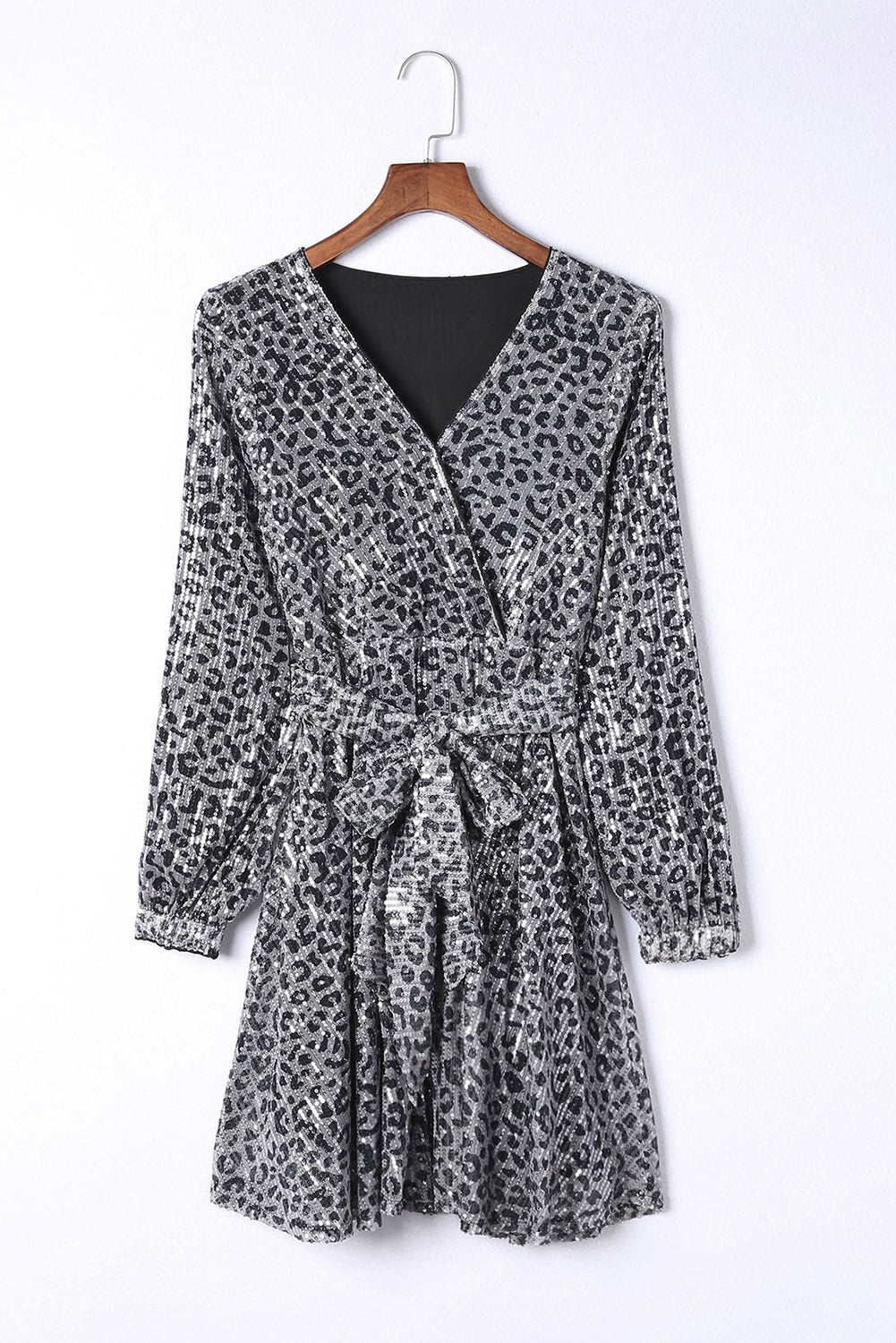 Gray Leopard Sequins V Neck Wrap Dress with Tie - EBEPEX