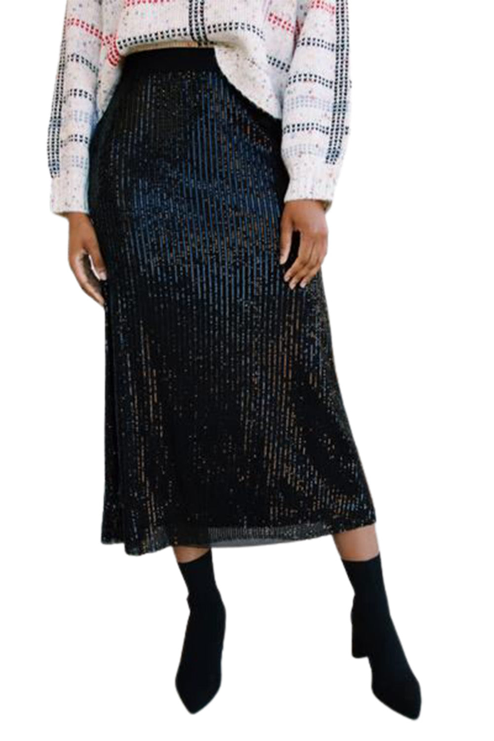 Falda midi ceñida al cuerpo con cintura alta y lentejuelas negras - EBEPEX