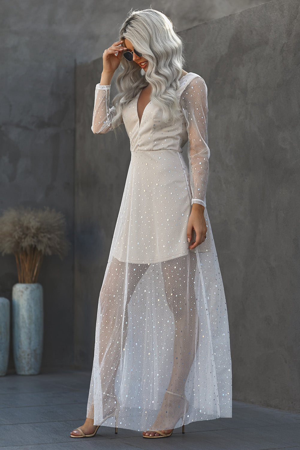 Deep V Neck Long Sleeve Sequin Tulle Wedding Long Dress - EBEPEX