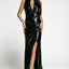 Black Slit High Neck Cutout Bust Sleeveless Sequin Gown - EBEPEX