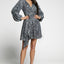 Gray Leopard Sequins V Neck Wrap Dress with Tie - EBEPEX