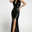 Black Slit High Neck Cutout Bust Sleeveless Sequin Gown - EBEPEX