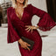Red Deep V Neck Bell Sleeve Sequin Dress - EBEPEX