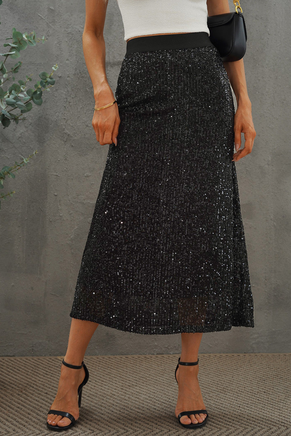 Black Sequin High Waist Bodycon Mid Skirt