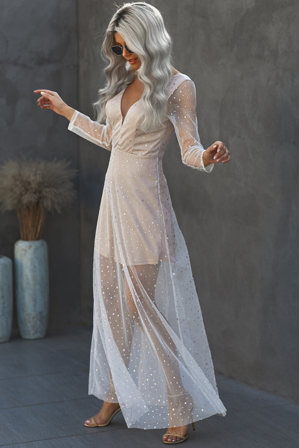 Deep V Neck Long Sleeve Sequin Tulle Wedding Long Dress - EBEPEX