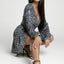 Gray Leopard Sequins V Neck Wrap Dress with Tie - EBEPEX