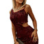 Red Sequins Spaghetti Straps Waist Cut-out Mini Dress - EBEPEX
