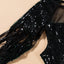 Minivestido ajustado con parche de malla de lentejuelas negro con borla - EBEPEX