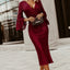 Red Deep V Neck Bell Sleeve Sequin Dress - EBEPEX