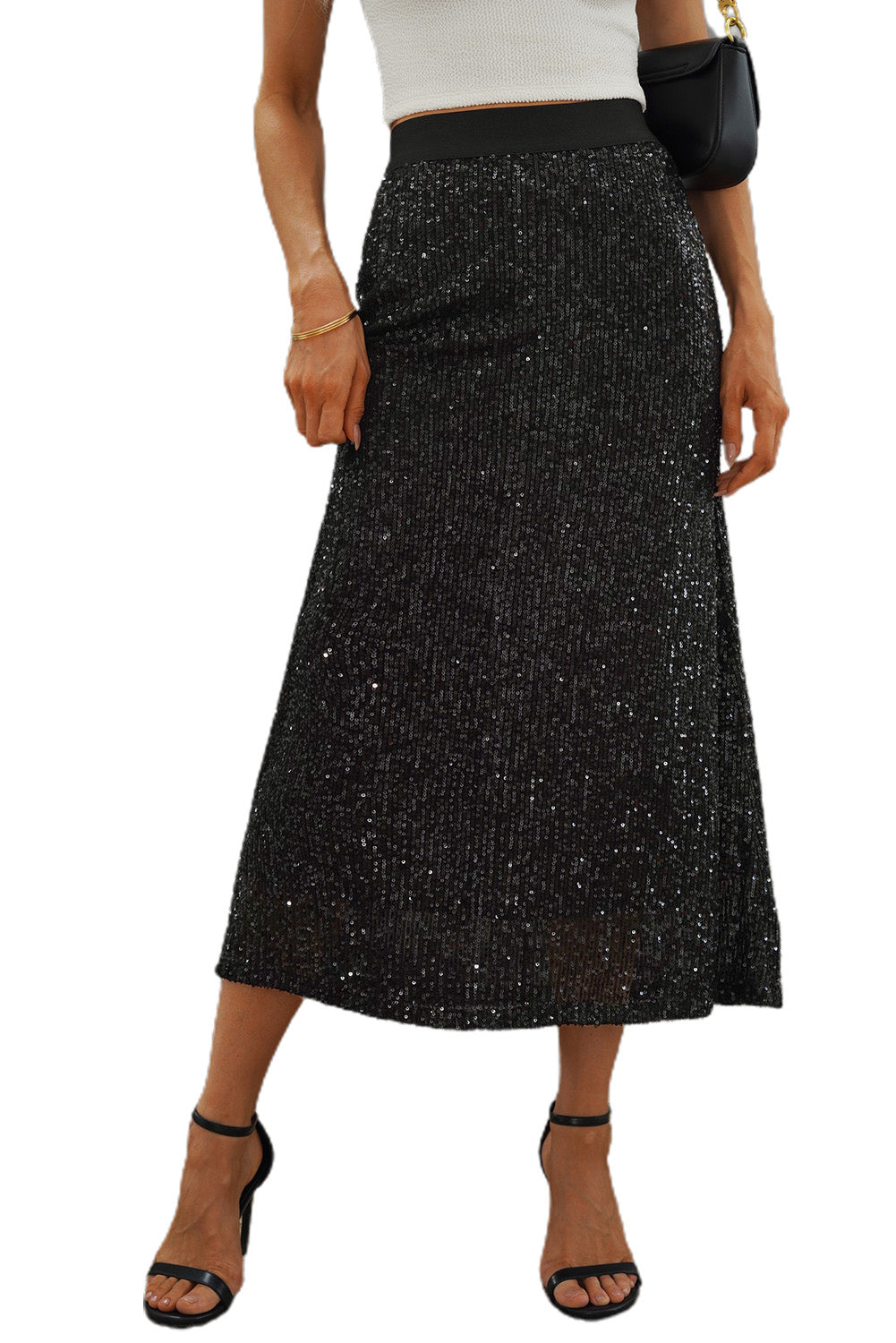 Falda midi ceñida al cuerpo con cintura alta y lentejuelas negras - EBEPEX