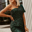 Green One-shoulder Flutter Sleeve Sequin Dress - EBEPEX