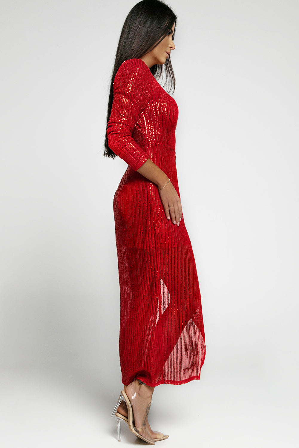 Red Sequined Georgette Wrapped Slit Dress - EBEPEX