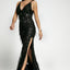 Black Slit Deep V Neck Sequined Fringe Evening Gown - EBEPEX