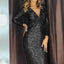 Vestido largo fiesta de lentejuelas fruncidas con cuello en V de manga larga negro - EBEPEX