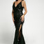 Black Slit Deep V Neck Sequined Fringe Evening Gown - EBEPEX