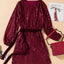 Wine Red Loose Long Sleeve Sequin Dress with Sash - EBEPEX