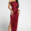 Red Off Shoulder Side Slit Bodycon Sequin Dress - EBEPEX