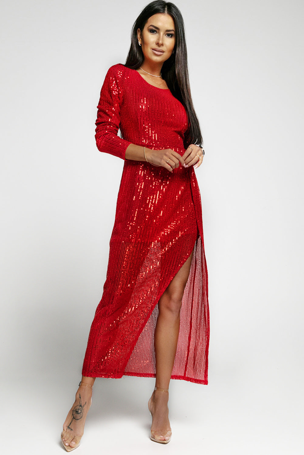 Red Sequined Georgette Wrapped Slit Dress - EBEPEX