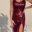 Wine Red Sequin Side Slit Cami Dress - EBEPEX