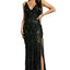 Black Slit Deep V Neck Sequined Fringe Evening Gown - EBEPEX