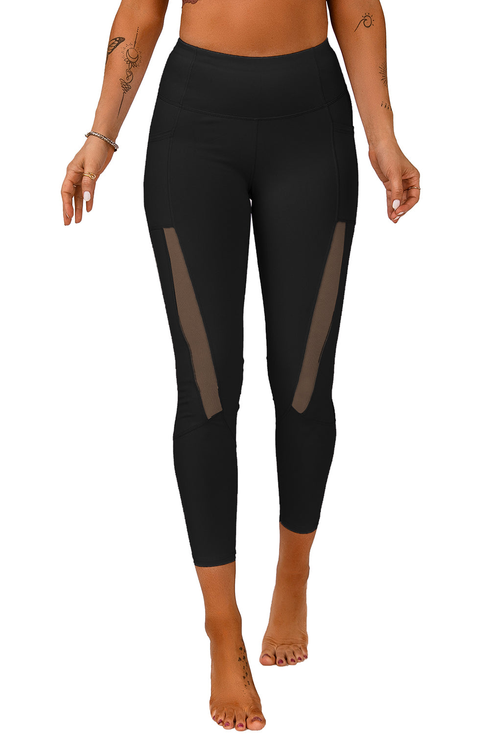 Black Mesh Side Splicing High Waist Yoga Sports Leggings with Phone Pocket - EBEPEX