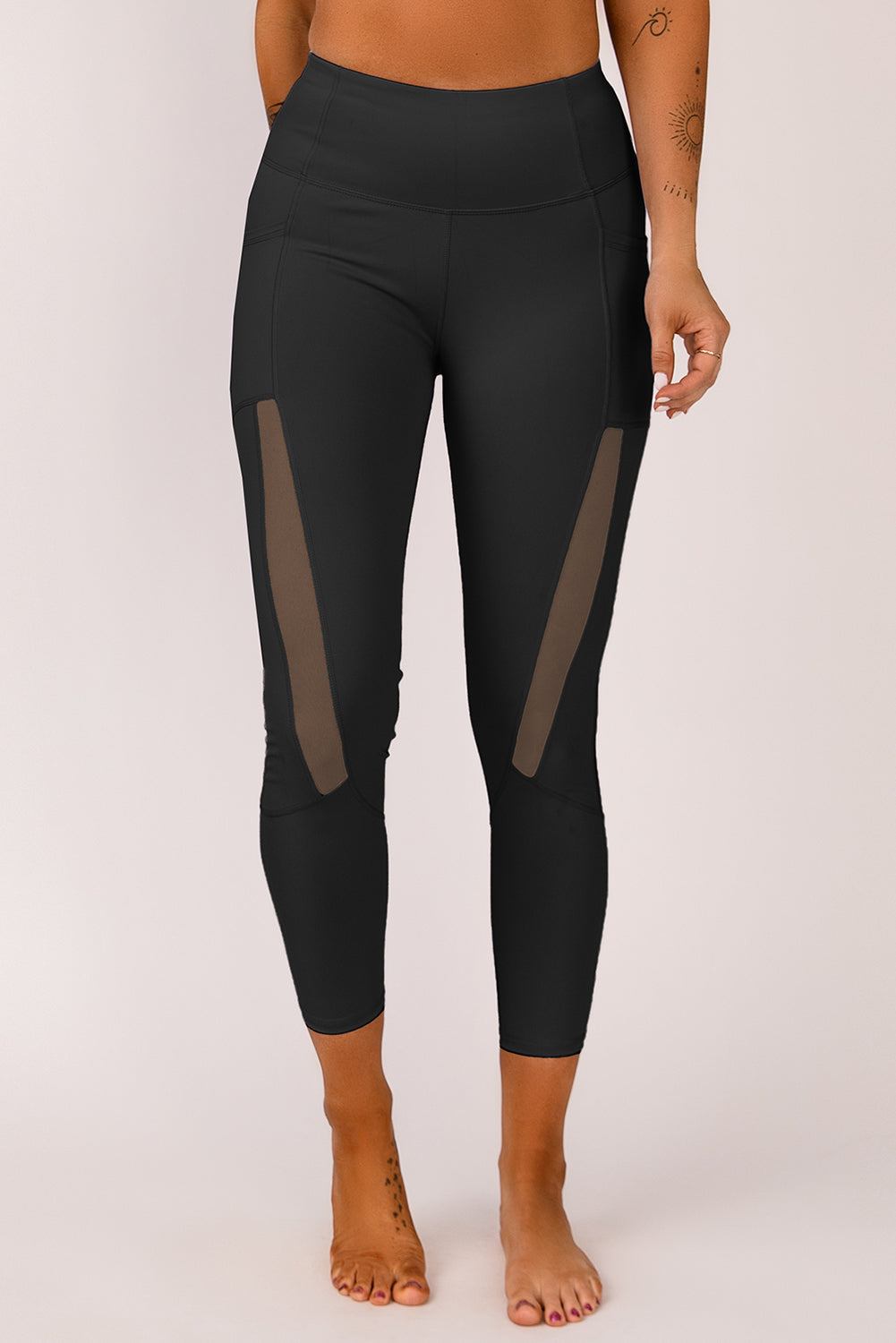 Black Mesh Side Splicing High Waist Yoga Sports Leggings with Phone Pocket - EBEPEX