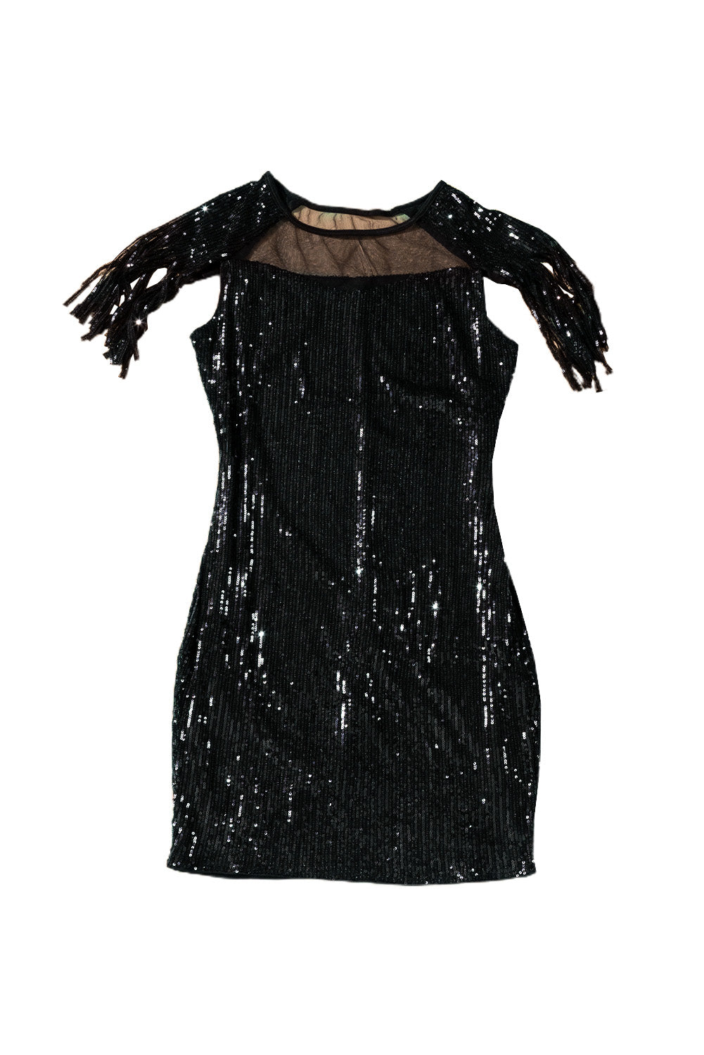 Minivestido ajustado con parche de malla de lentejuelas negro con borla - EBEPEX