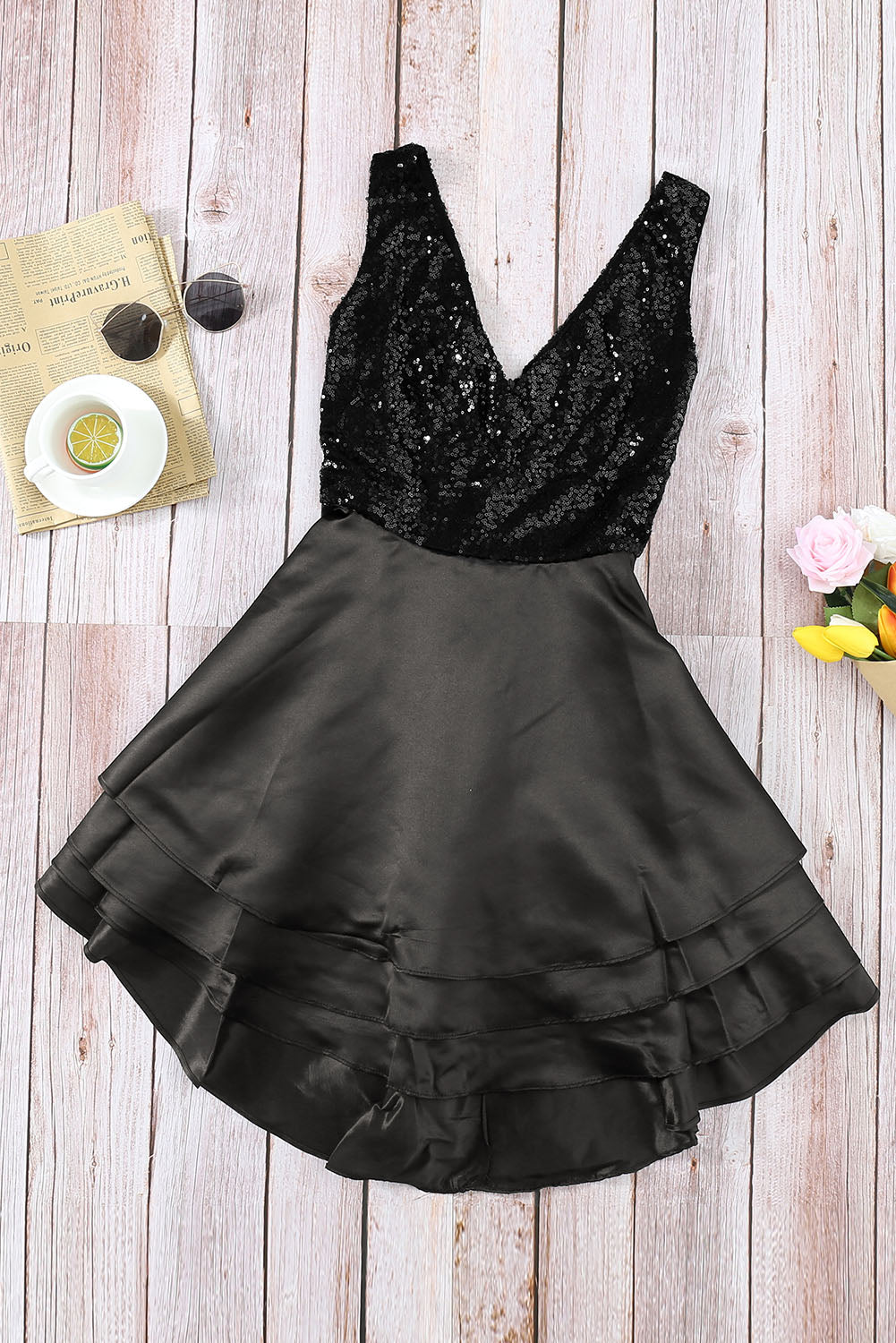 Heart Broken Black Gold Sequin Multi Layer Skater Dress - EBEPEX