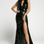 Black Slit High Neck Cutout Bust Sleeveless Sequin Gown - EBEPEX