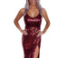 Wine Red Sequin Side Slit Cami Dress - EBEPEX
