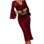 Red Deep V Neck Bell Sleeve Sequin Dress - EBEPEX