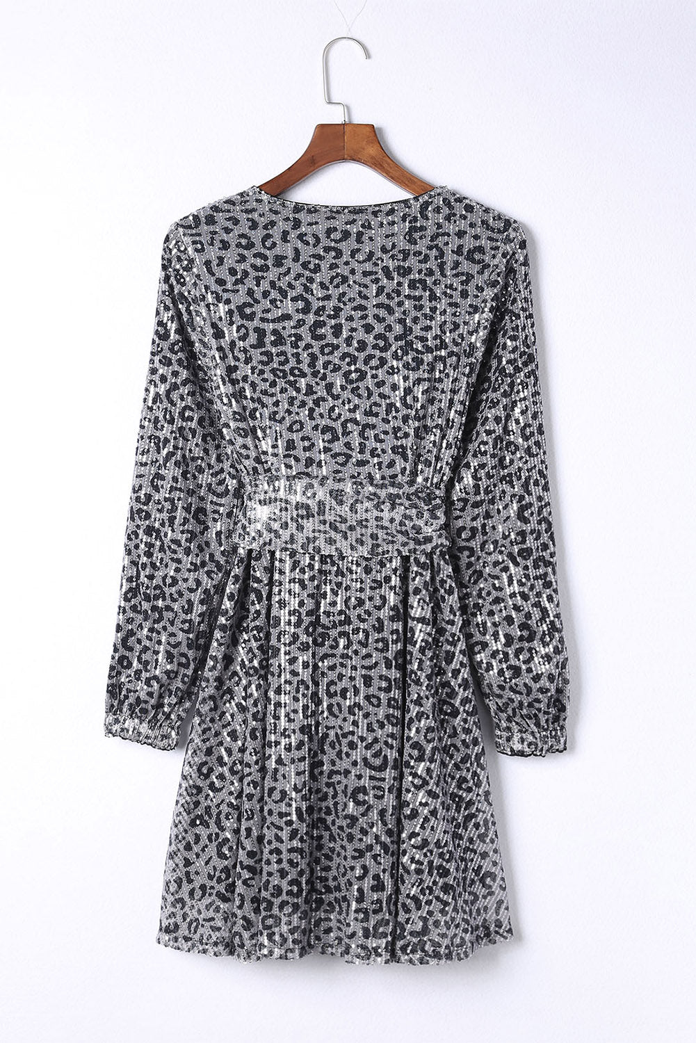 Gray Leopard Sequins V Neck Wrap Dress with Tie - EBEPEX