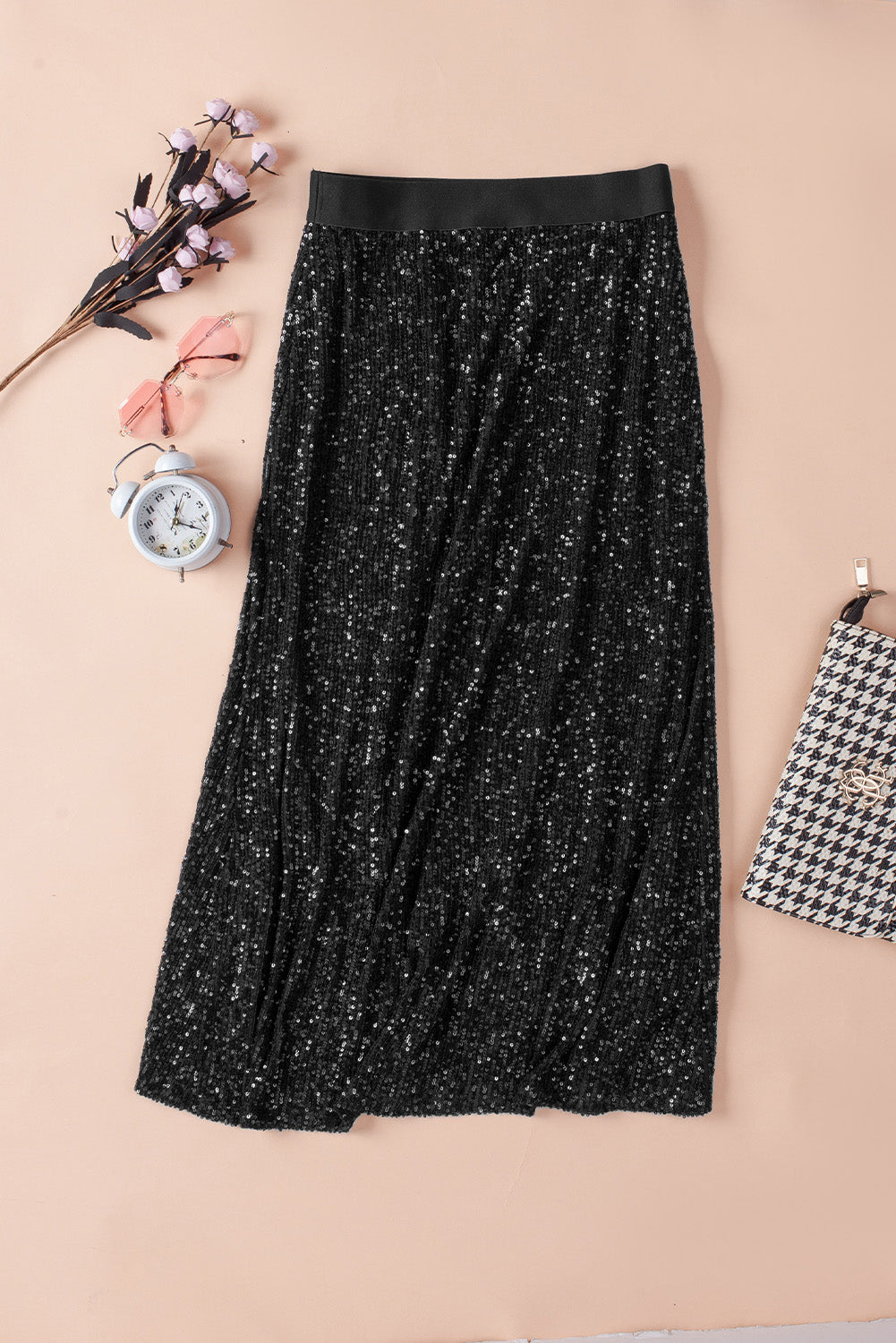 Falda midi ceñida al cuerpo con cintura alta y lentejuelas negras - EBEPEX