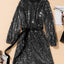 Silvery Loose Long Sleeve Sequin Dress with Sash - EBEPEX