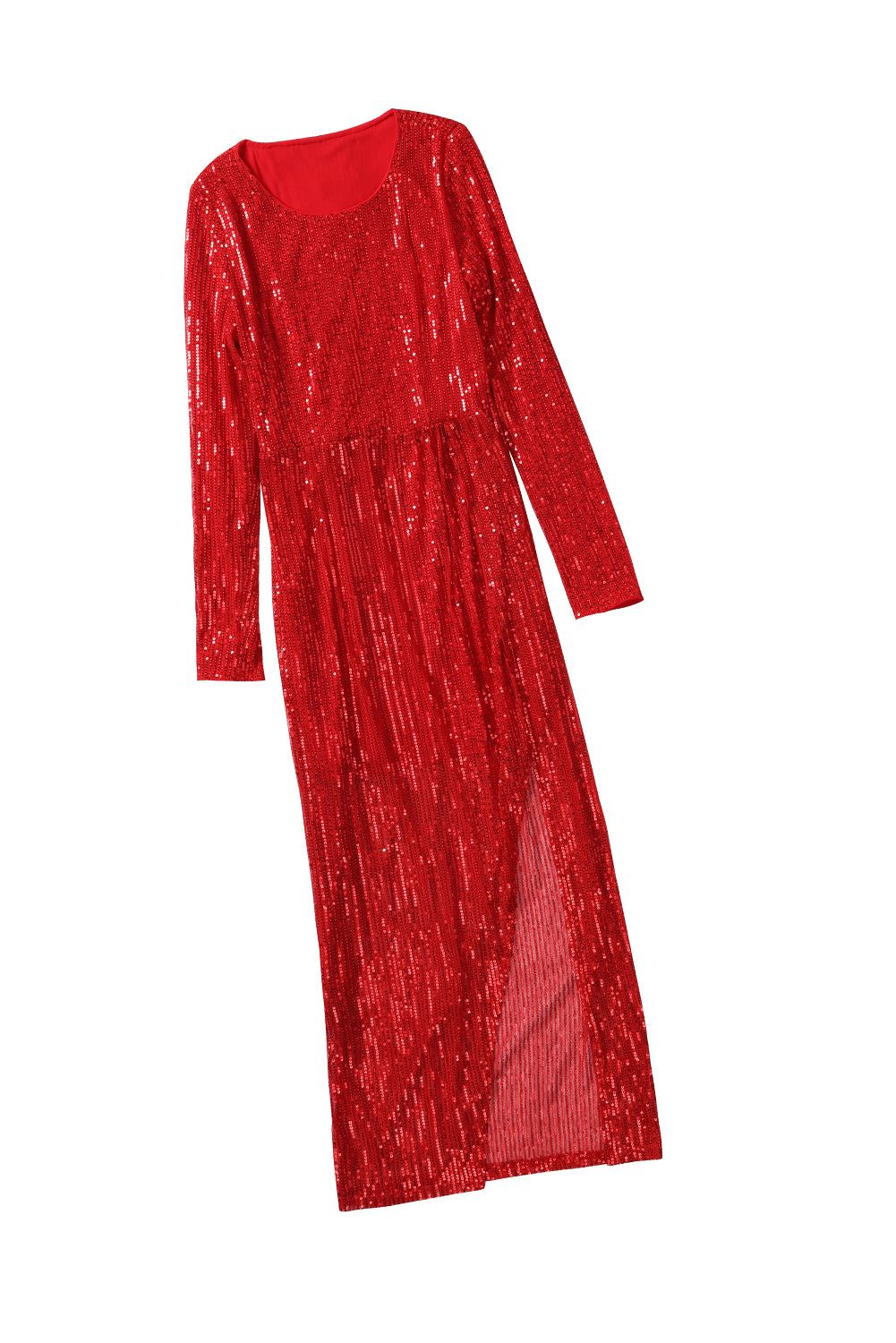 Red Sequined Georgette Wrapped Slit Dress - EBEPEX