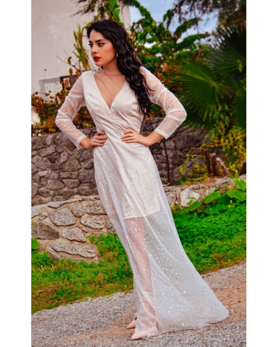 Deep V Neck Long Sleeve Sequin Tulle Wedding Long Dress