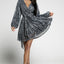 Gray Leopard Sequins V Neck Wrap Dress with Tie - EBEPEX