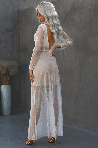 Deep V Neck Long Sleeve Sequin Tulle Wedding Long Dress - EBEPEX